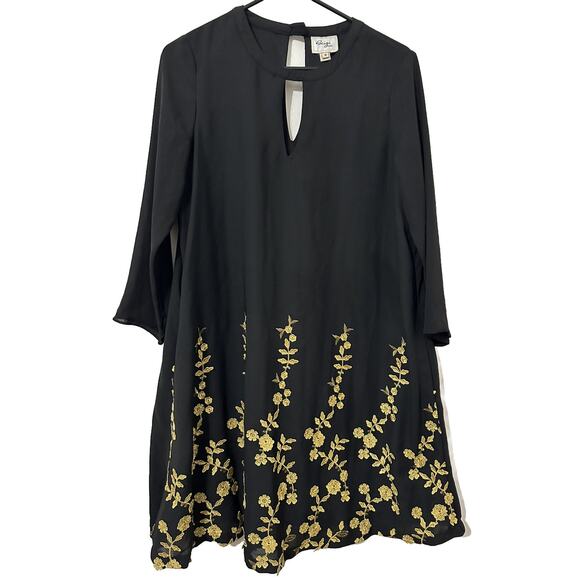 Beige by ECI Black/Gold Floral Embroidered Keyhole Trapeze Dress Pockets Medium - Picture 1 of 5